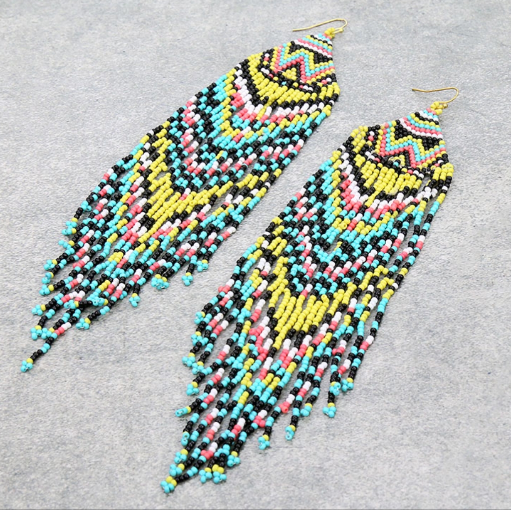 Nwt Blue Turquoise Colorful Boho Beaded Fringe Earrings